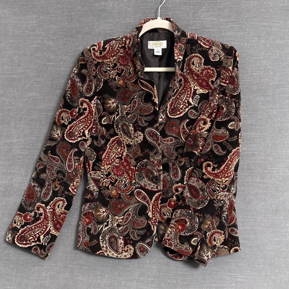 Vintage Talbots Blazer 8 Petite Brown Paisley Velvet Cotton Silk Preppy Boho 90s